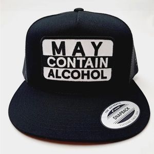 May Contain Alcohol Flat Bill Trucker Mesh Snapback Cap Hat Black Embroidered